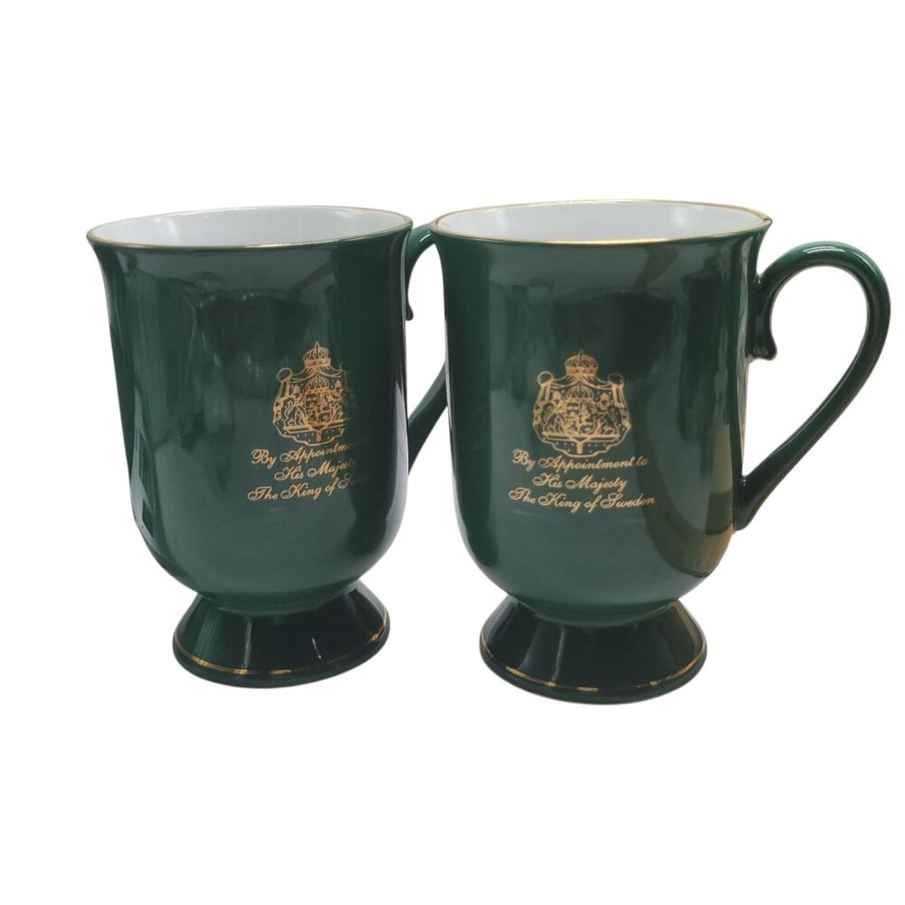 2 Gevalia Kaffe Green Footed Pedestal Mugs Gold Royal Emblem King of Sweden Coff